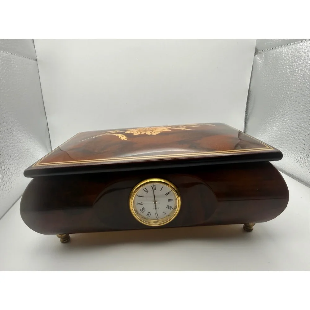 Vintage Romance Italian Inlaid Wood Jewelry Music Box Floral Marquetry Clock